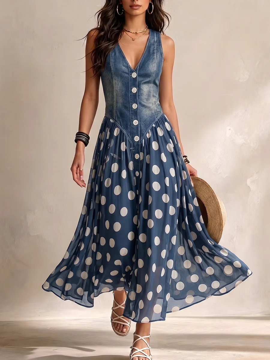Soraya | Denim & Chiffon Midi Dress