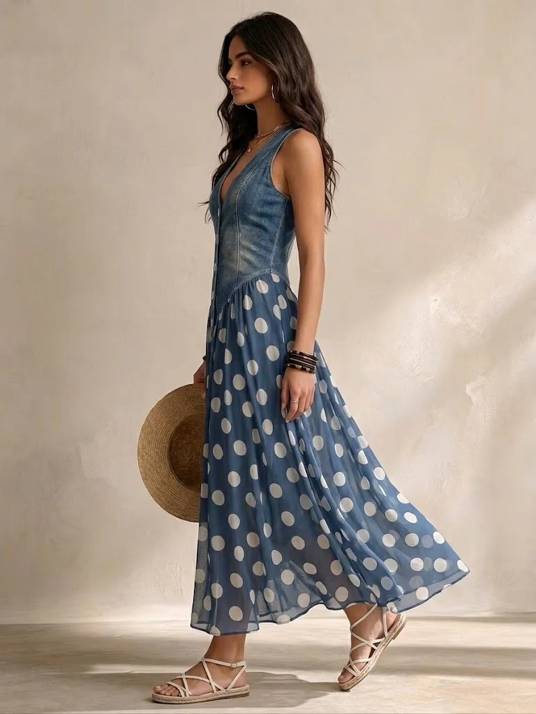 Soraya | Denim & Chiffon Midi Dress