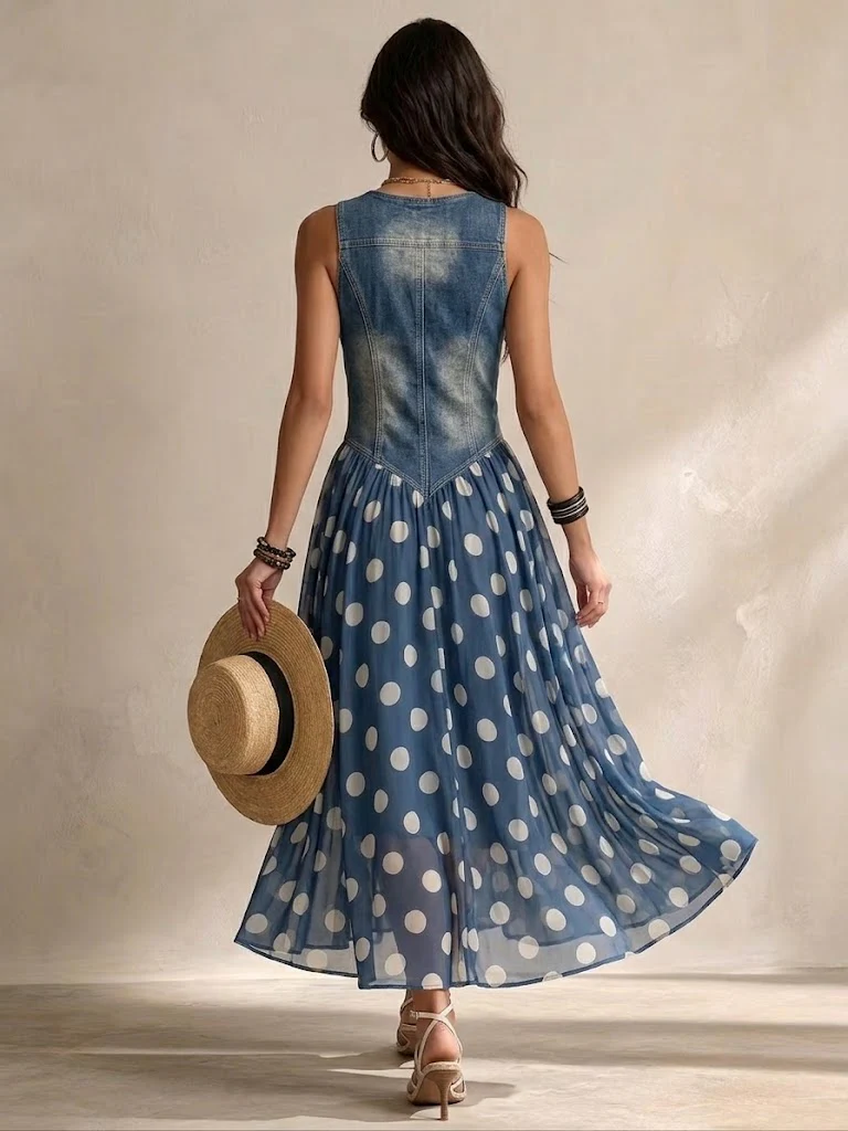 Soraya | Denim & Chiffon Midi Dress