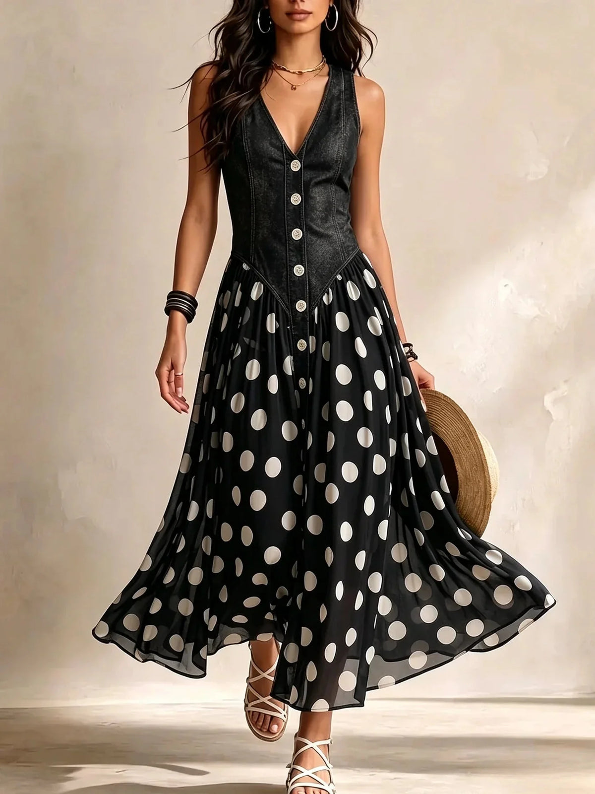 Soraya | Denim & Chiffon Midi Dress