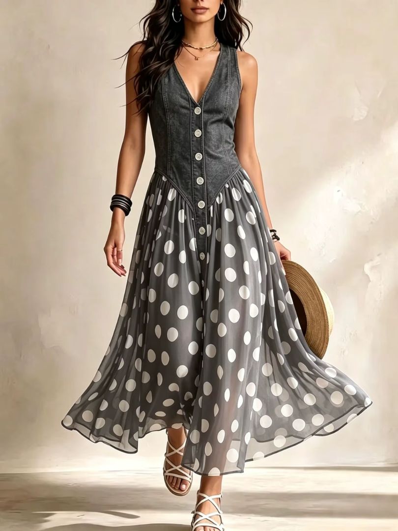 Soraya | Denim & Chiffon Midi Dress