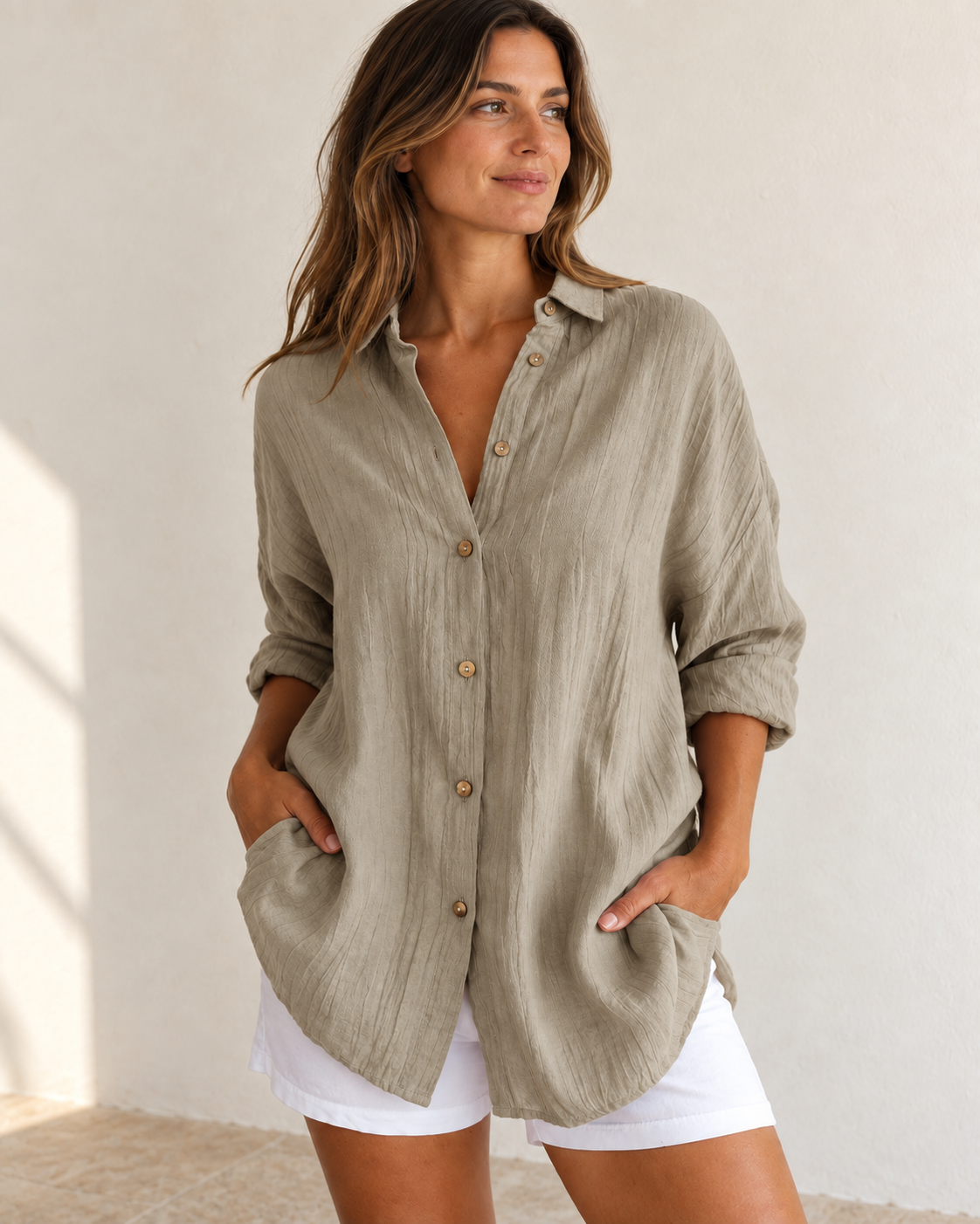 Bea | Oversized Button-Down Shirt — Khaki
