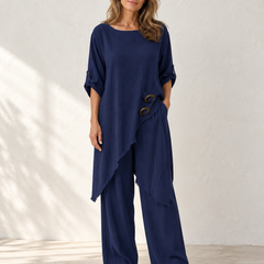 Elara | Asymmetric Wide-Leg Set — Dark Blue