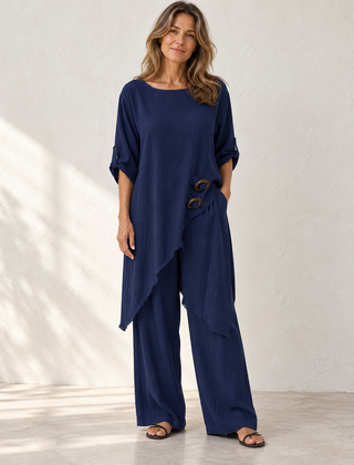 Elara | Asymmetric Wide-Leg Set — Dark Blue