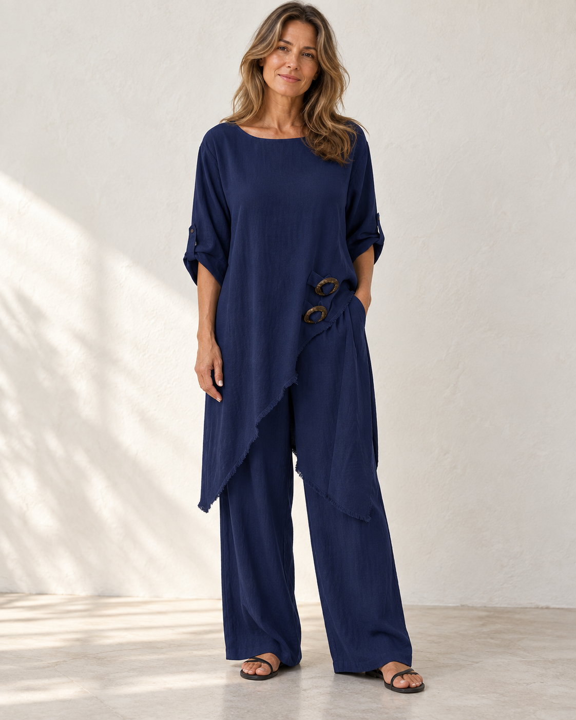 Elara | Asymmetric Wide-Leg Set — Dark Blue