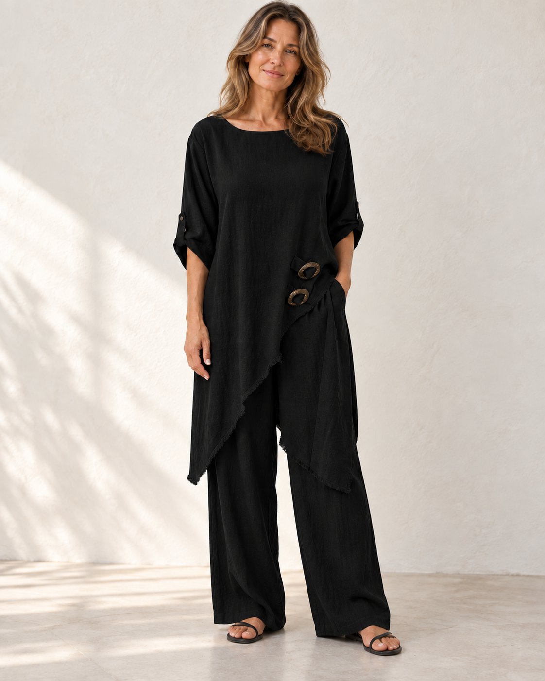 Elara | Asymmetric Wide-Leg Set — Black