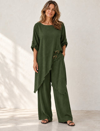 Elara | Asymmetric Wide-Leg Set — Green