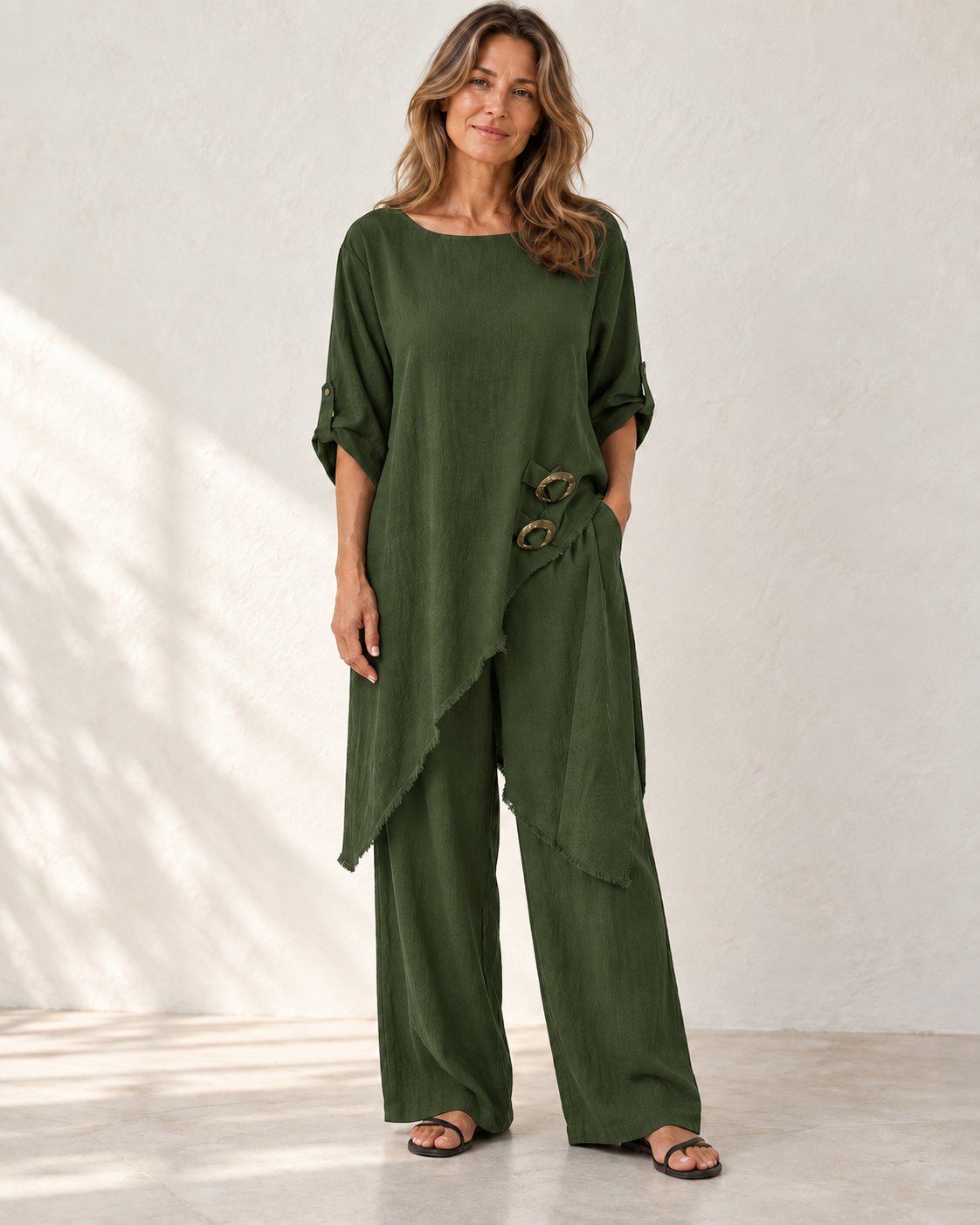 Elara | Asymmetric Wide-Leg Set — Green