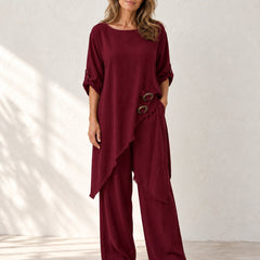 Elara | Asymmetric Wide-Leg Set — Dark Red