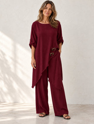 Elara | Asymmetric Wide-Leg Set — Dark Red