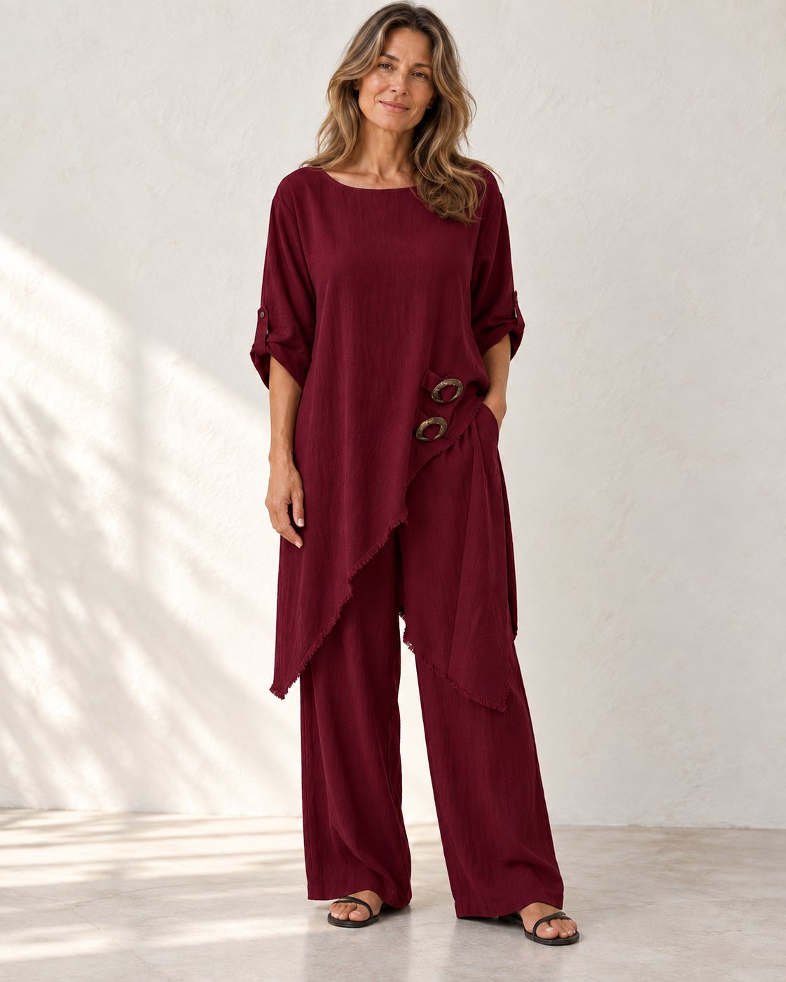 Elara | Asymmetric Wide-Leg Set — Dark Red