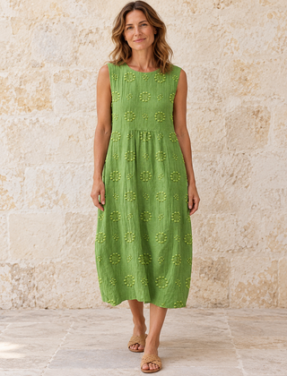Fern | Textured Sleeveless Midi Dress — Green, front view