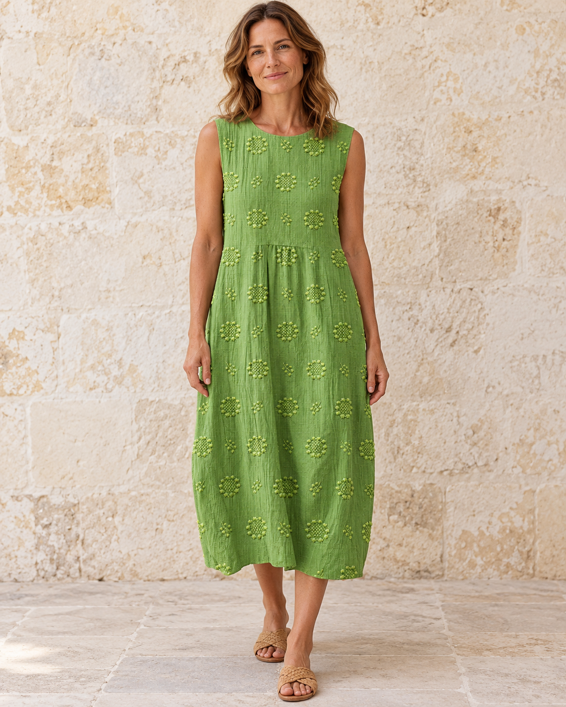 Fern | Textured Sleeveless Midi Dress — Green, front view