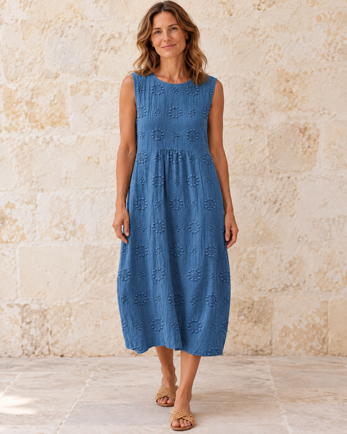 Fern | Textured Sleeveless Midi Dress — Blue