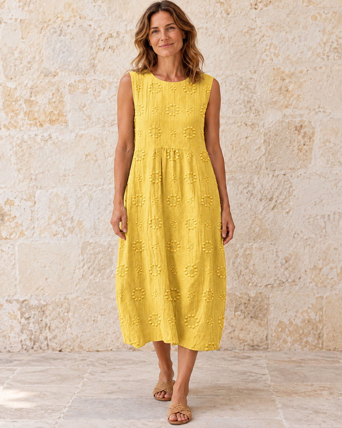 Fern | Textured Sleeveless Midi Dress — Yellow