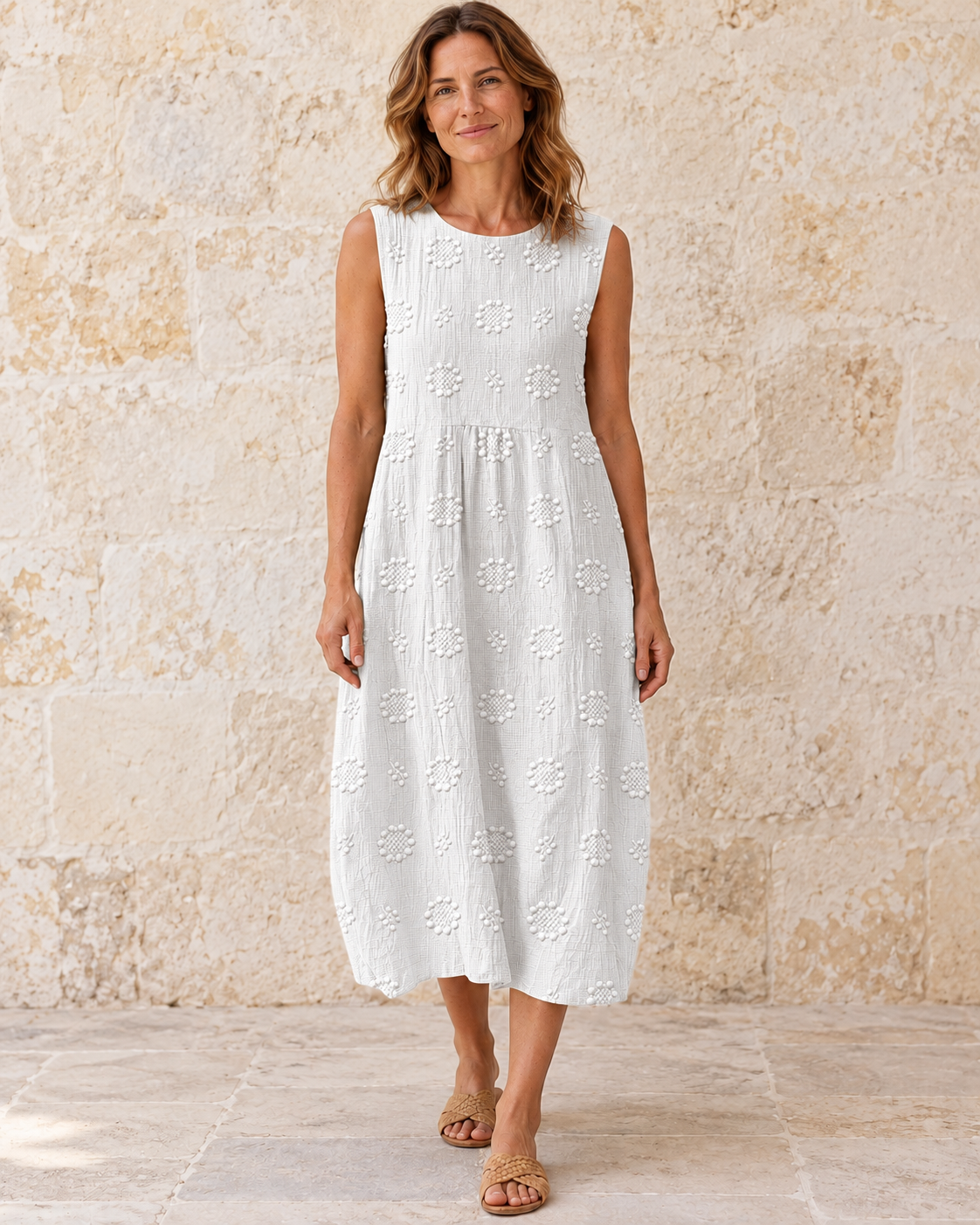 Fern | Textured Sleeveless Midi Dress — White