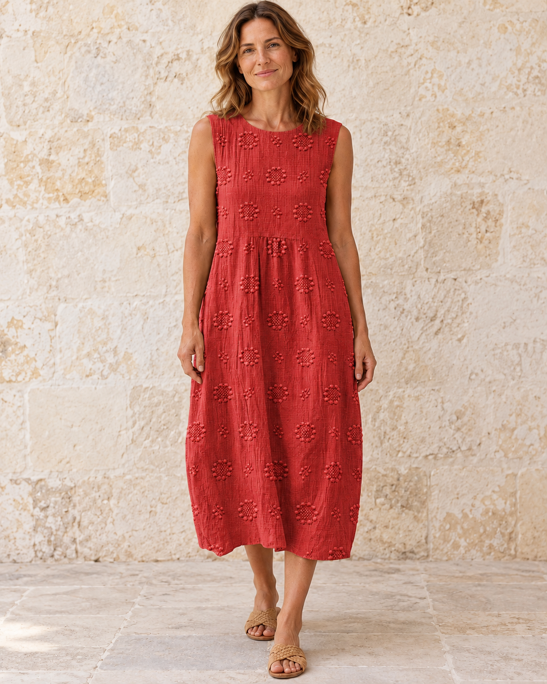 Fern | Textured Sleeveless Midi Dress — Red