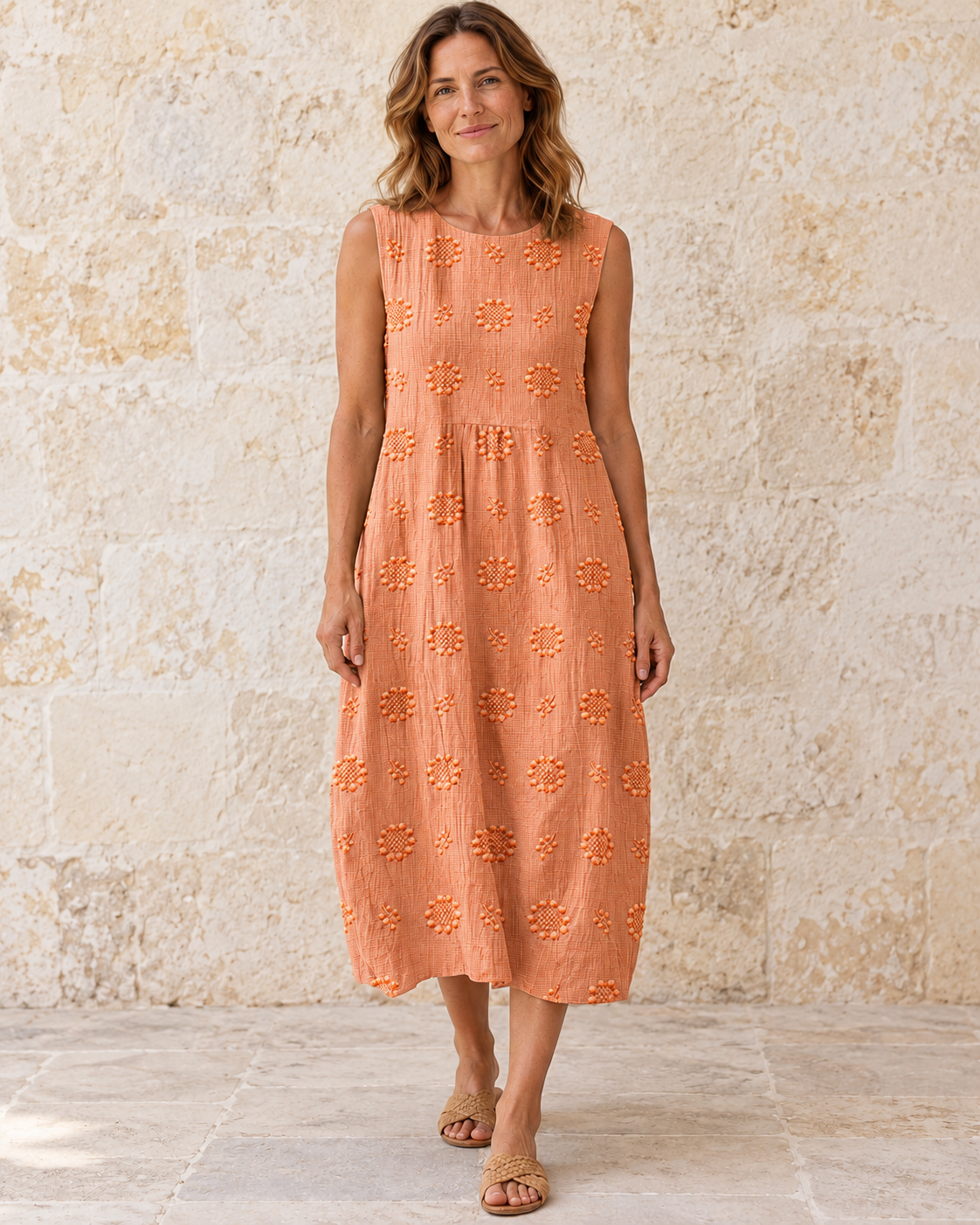 Fern | Textured Sleeveless Midi Dress — Orange