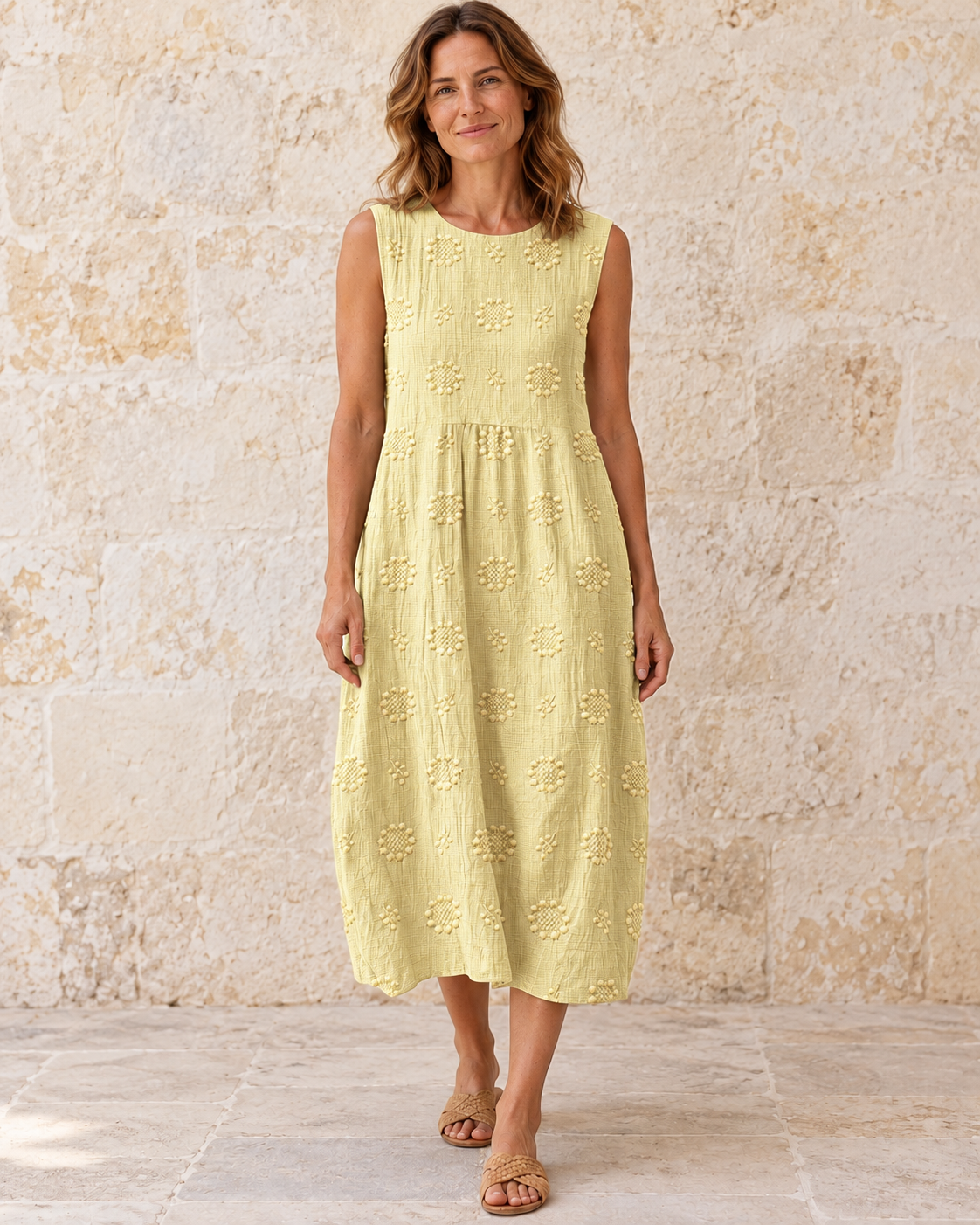 Fern | Textured Sleeveless Midi Dress — Light Yellow