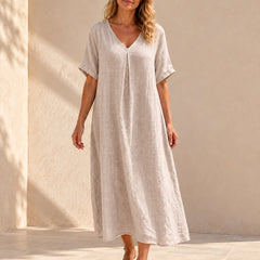 Harper | V-Neck Boho Maxi Dress — Beige