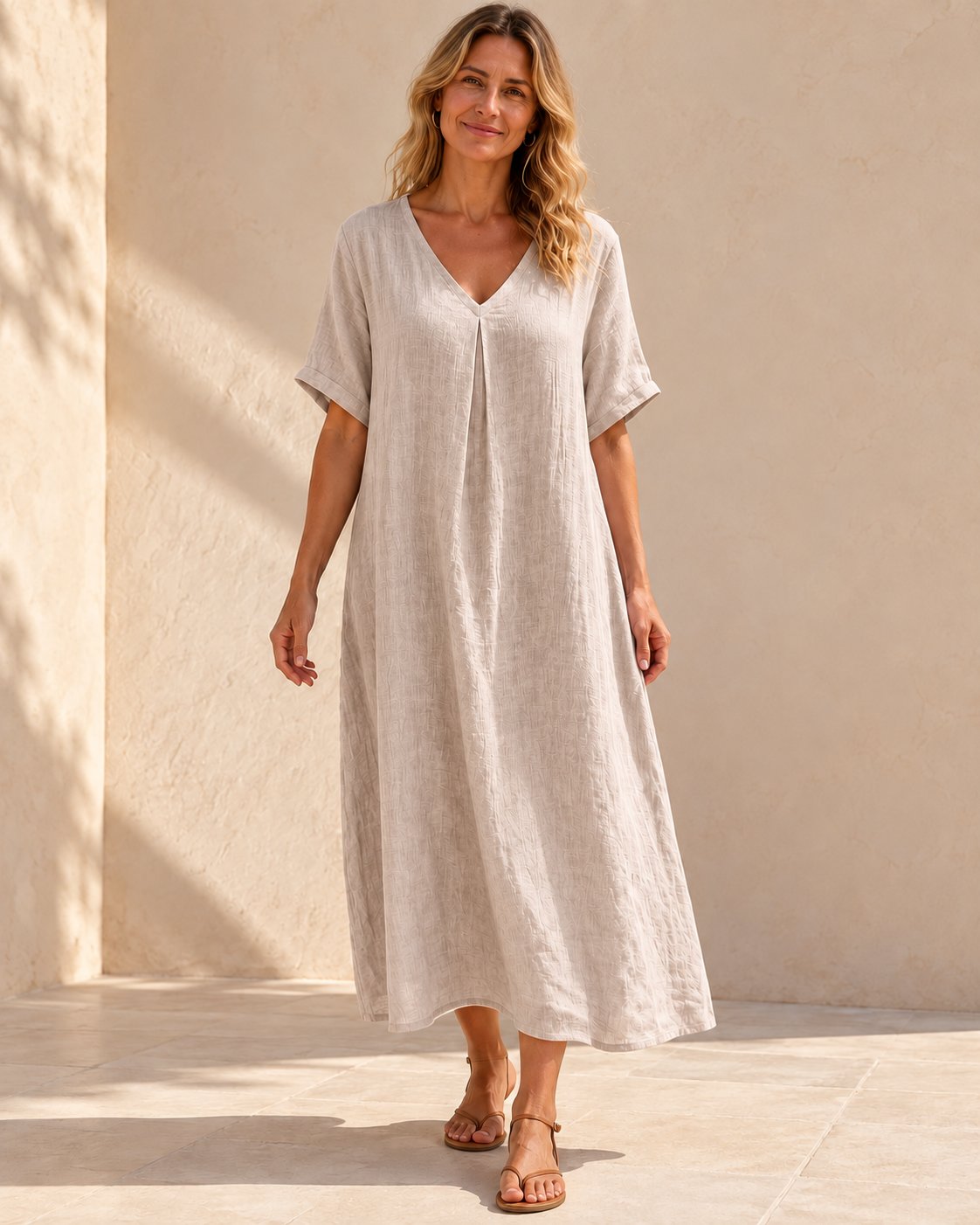 Harper | V-Neck Boho Maxi Dress — Beige