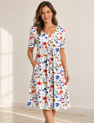 Harper | Floral Pocket Dress — Red floral, front view