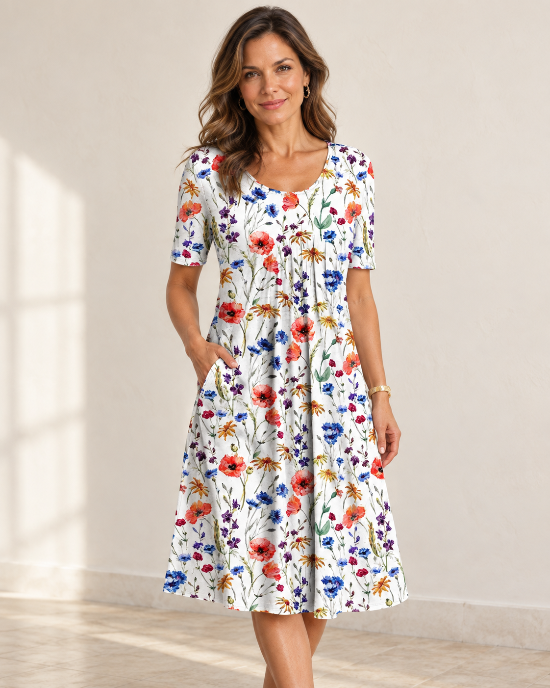 Harper | Floral Pocket Dress — Red floral, front view