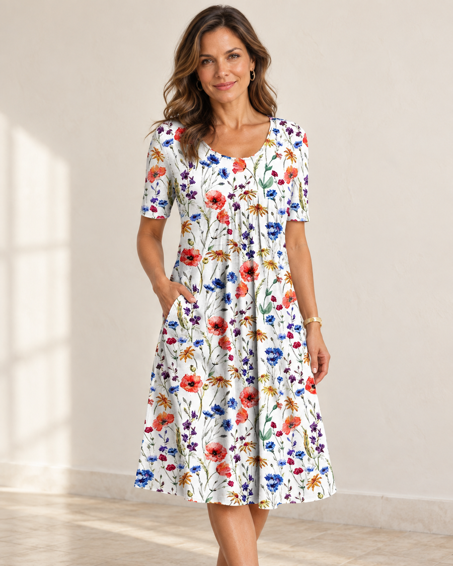 Harper | Floral Pocket Dress — Red floral, front view