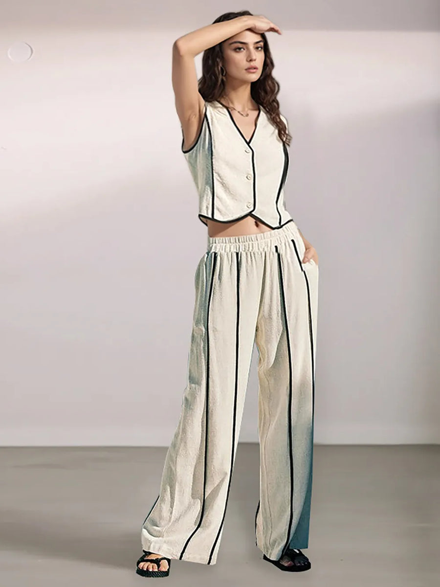 Harper linen-blend stripe set in beige – view 1 – Matilda Mae