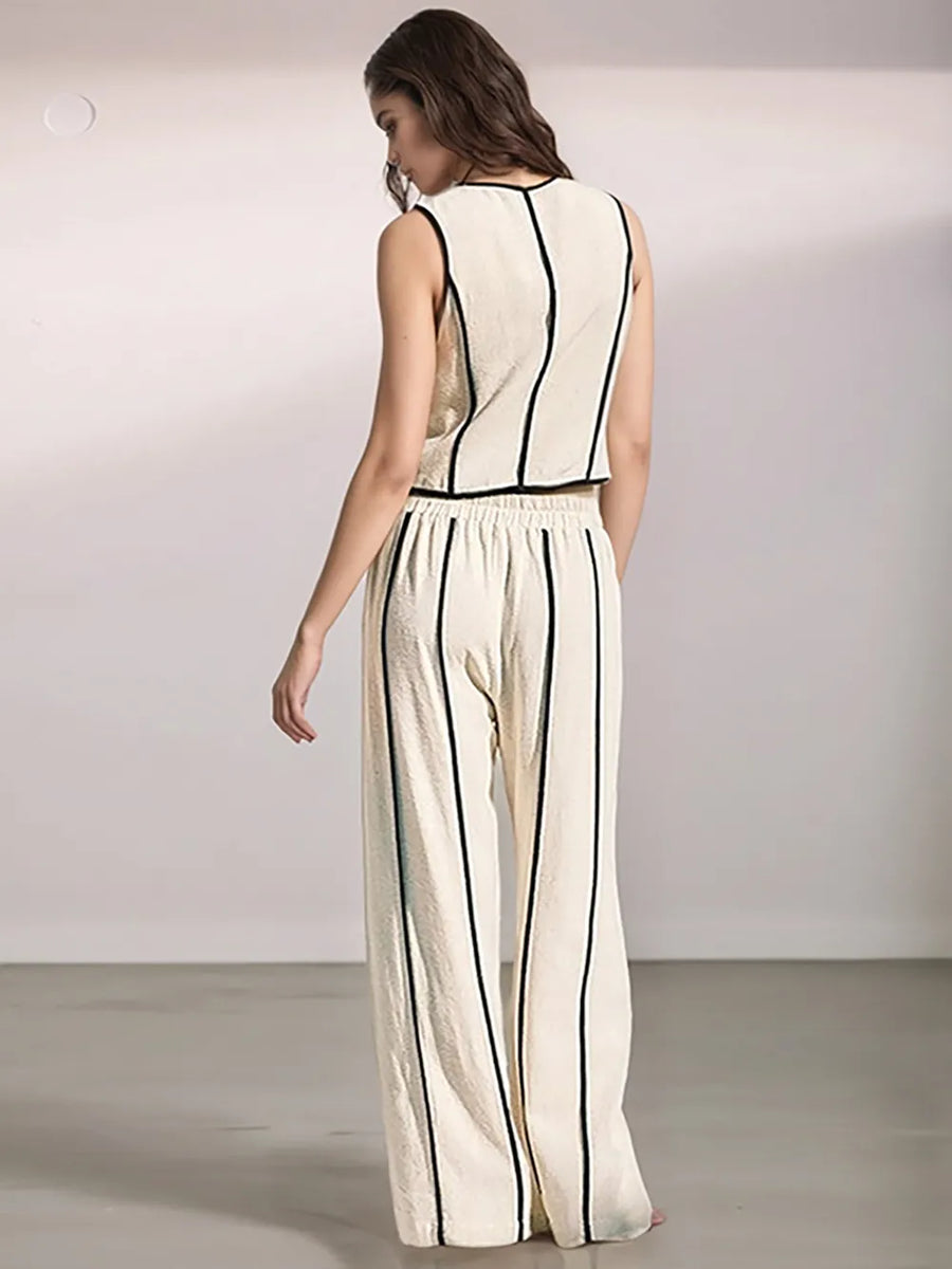 Harper linen-blend stripe set in beige – view 2 – Matilda Mae