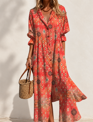 Paula Printed Boho Maxi Dress in Rouge — front view