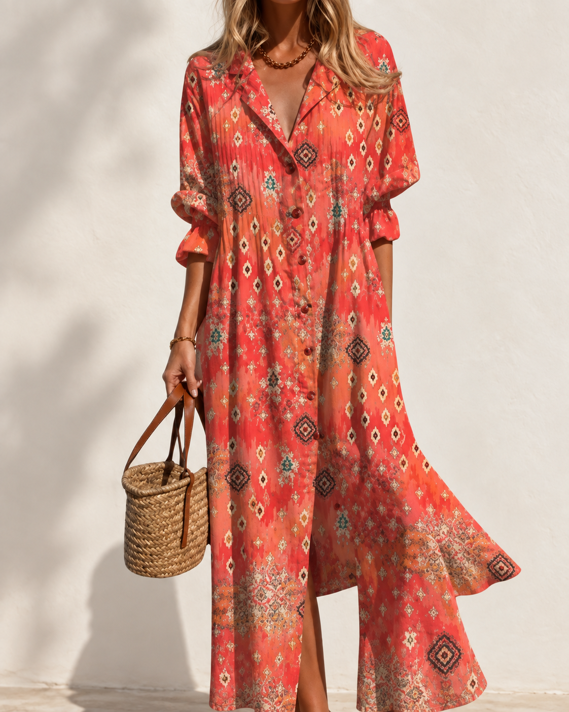 Paula Printed Boho Maxi Dress in Rouge — front view