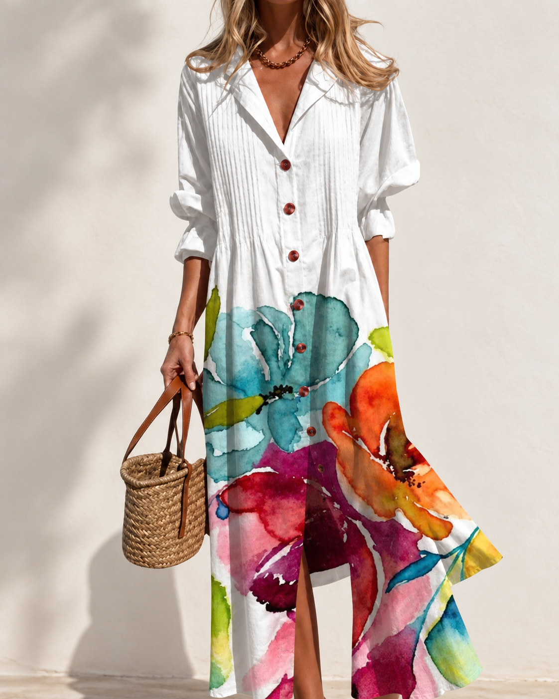 Paula Printed Boho Maxi Dress in White — front view