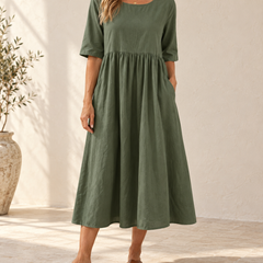 Sage | Gathered Midi Dress — Army Green, front view