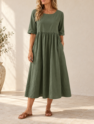 Sage | Gathered Midi Dress — Army Green, front view