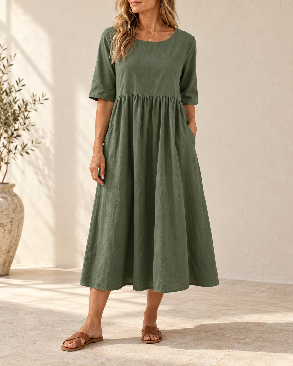 Sage | Gathered Midi Dress — Army Green, front view