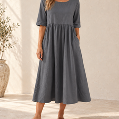 Sage | Gathered Midi Dress — Gray