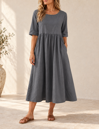 Sage | Gathered Midi Dress — Gray