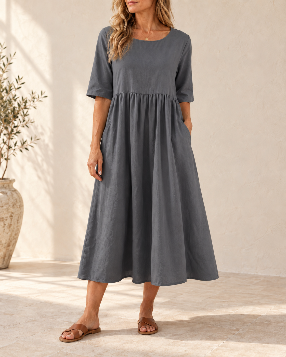 Sage | Gathered Midi Dress — Gray