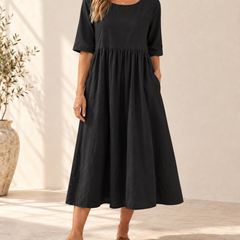 Sage | Gathered Midi Dress — Black