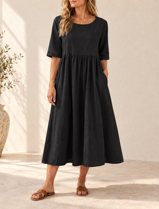 Sage | Gathered Midi Dress — Black