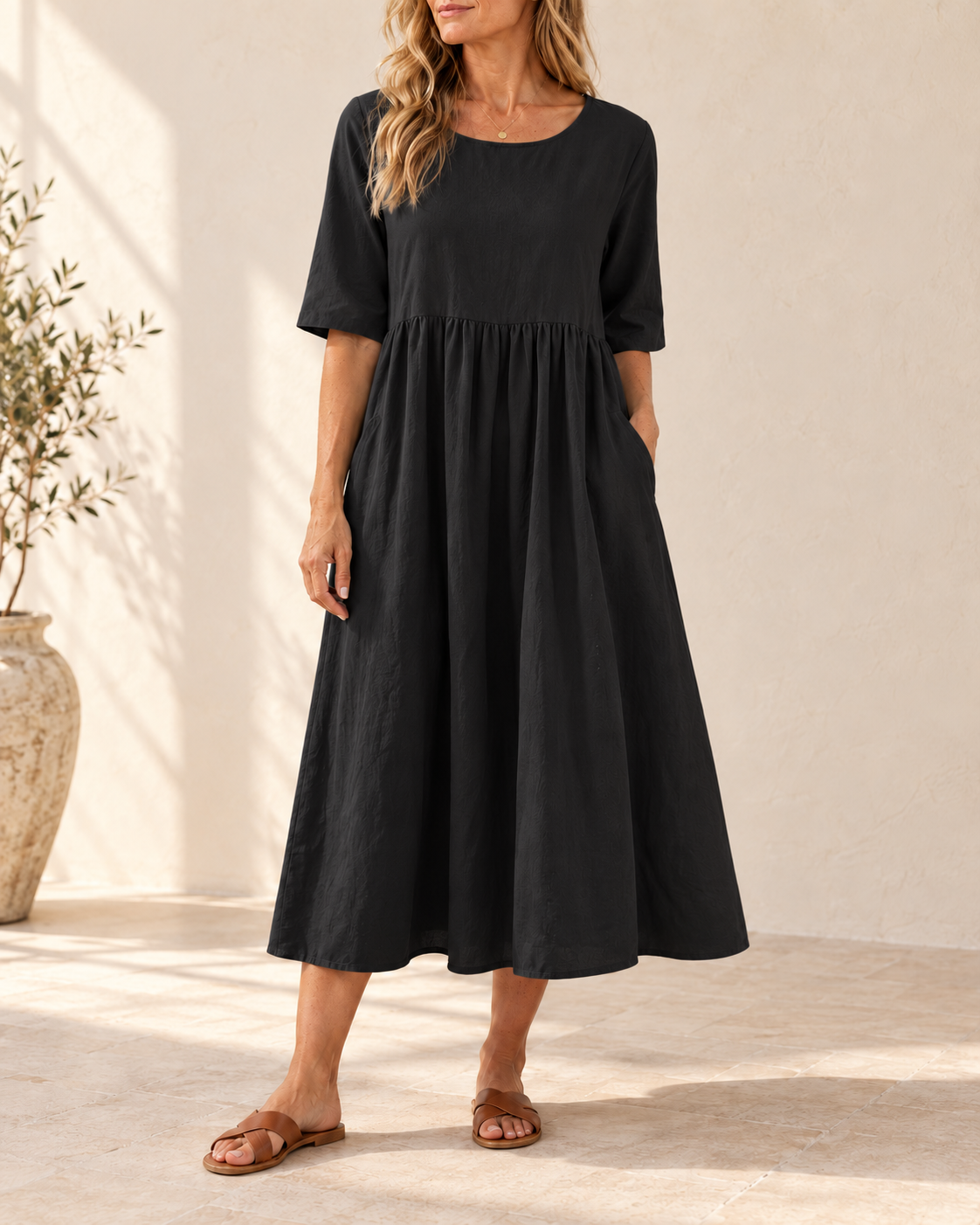Sage | Gathered Midi Dress — Black