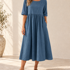 Sage | Gathered Midi Dress — Slate Blue