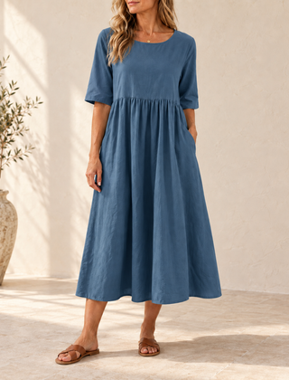 Sage | Gathered Midi Dress — Slate Blue
