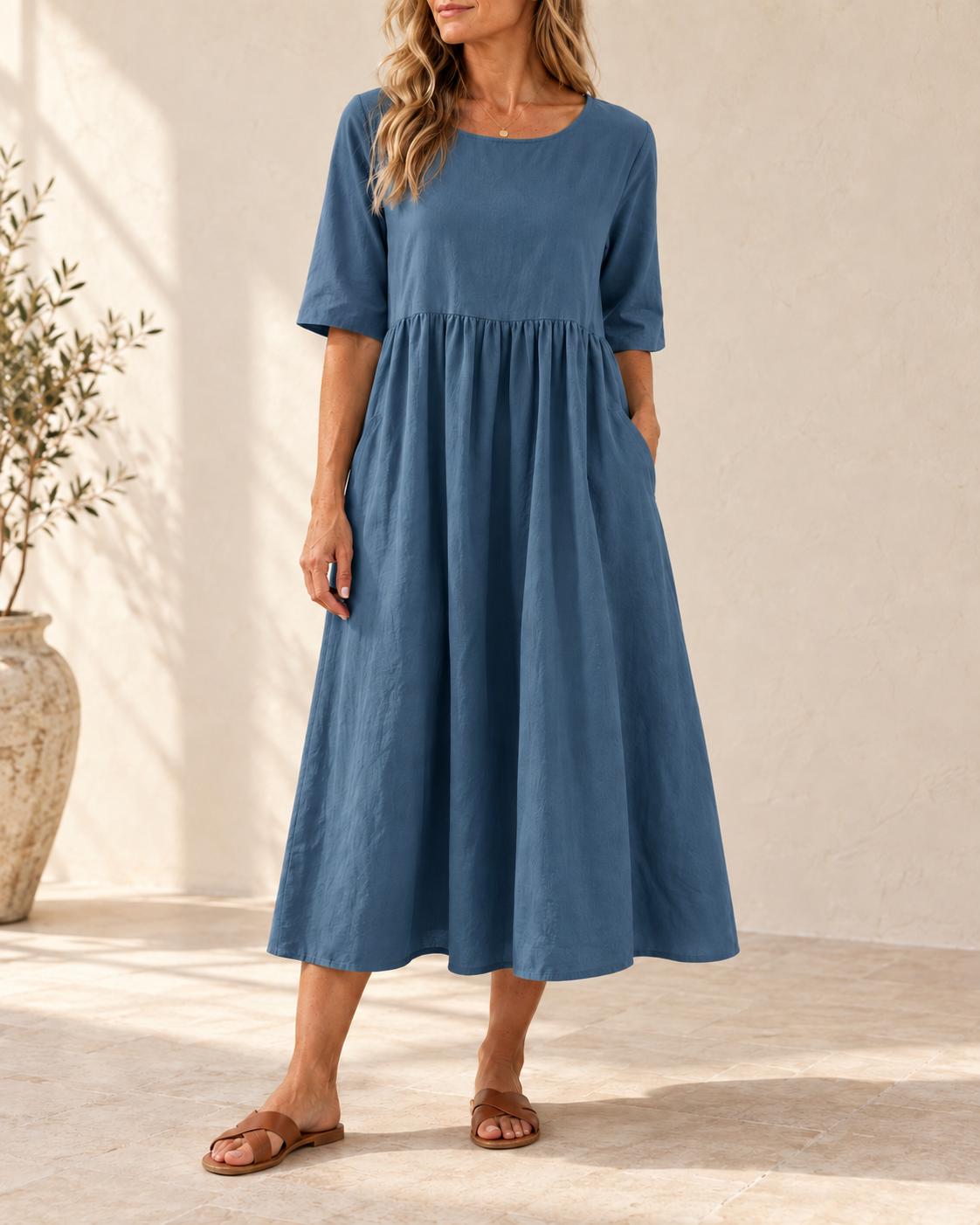 Sage | Gathered Midi Dress — Slate Blue