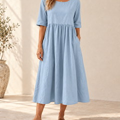 Sage | Gathered Midi Dress — Light Blue