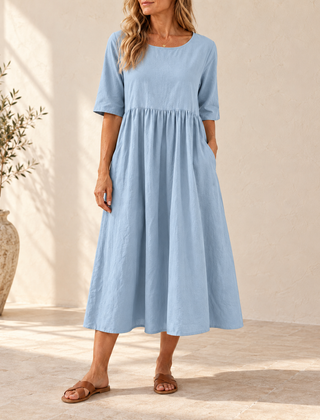 Sage | Gathered Midi Dress — Light Blue