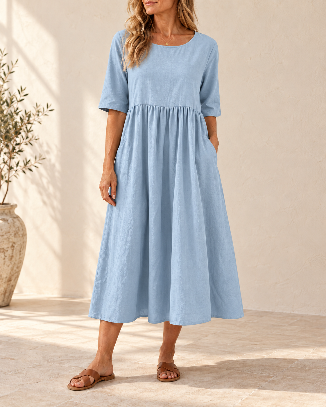 Sage | Gathered Midi Dress — Light Blue