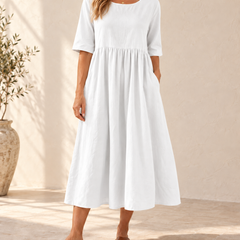 Sage | Gathered Midi Dress — White