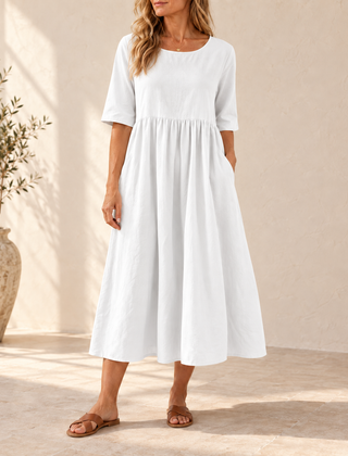 Sage | Gathered Midi Dress — White